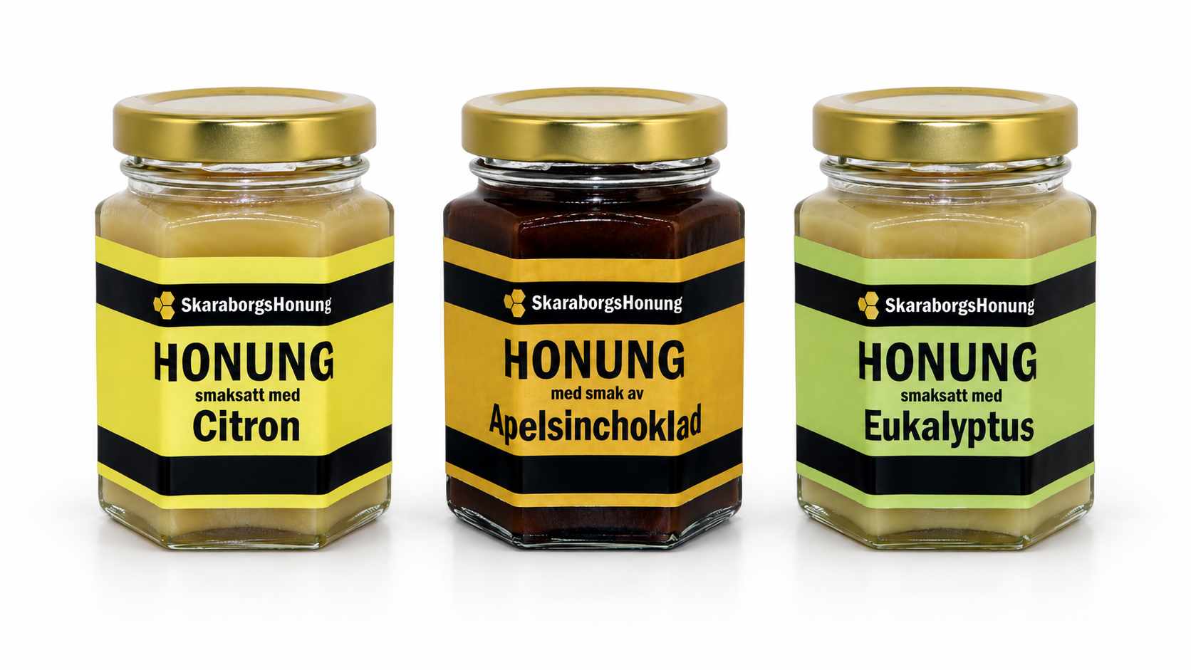 3 valfria smaksatta honungar à 130 gram